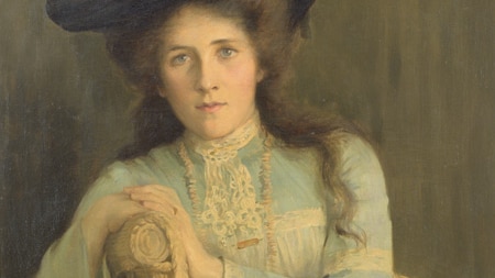 An oil painting from 1908 of a young woman in a black hat and a blue gown 