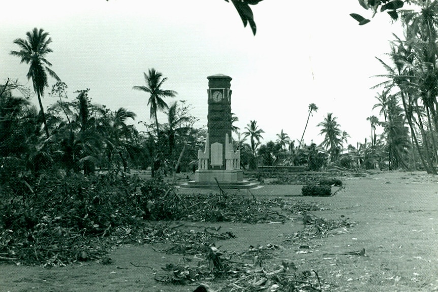 A black and white photo of a park with palm trees destroyed.