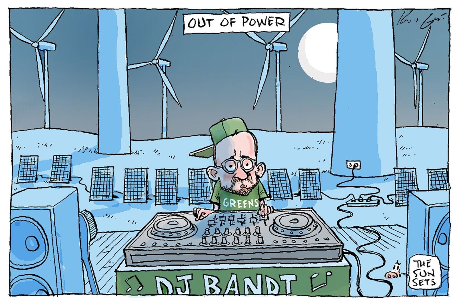 Cartoon of Adam Bandt as a DJ with no power to his turntables.