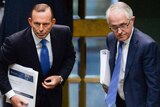 Tony Abbott and Malcolm Turnbull arrive for Question Time in 2015.