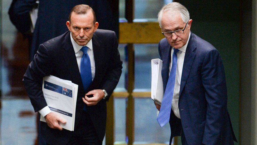 Tony Abbott and Malcolm Turnbull arrive for Question Time in 2015.