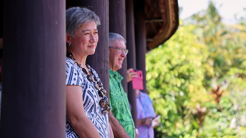 Australian Foreign Minister Penny Wong attends a traditional welcome in Samoa