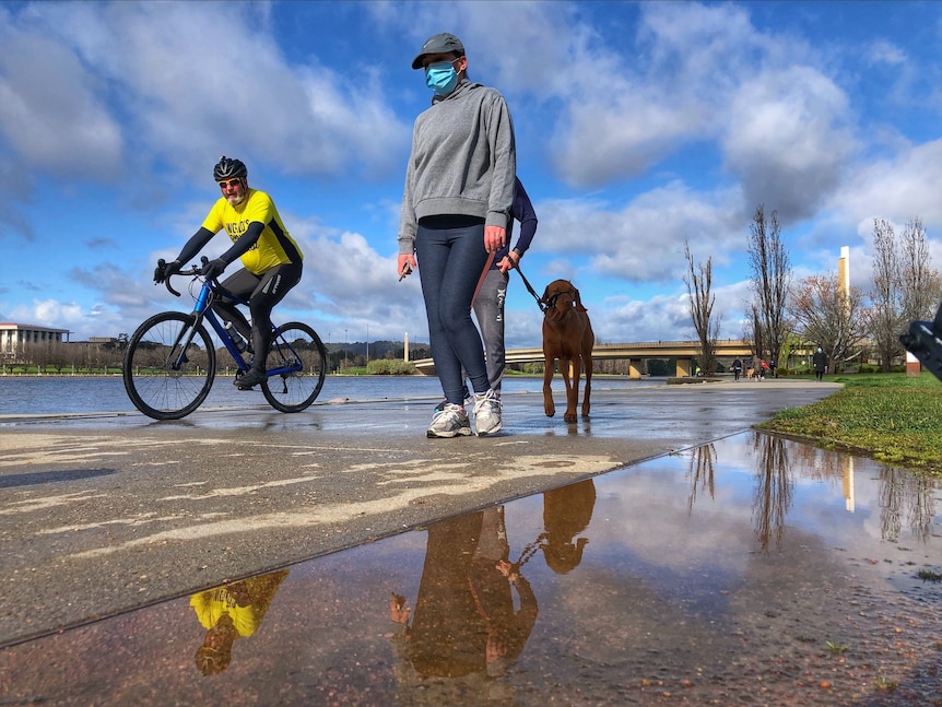 A woman wearing a face mask walks her dog.