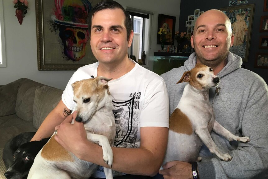 Couple Mark Poidevin and Ben Rogers with their three dogs