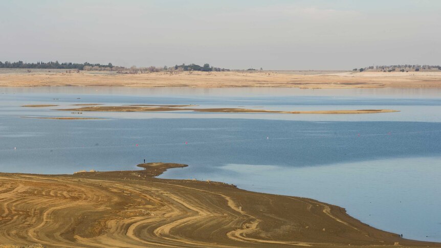 View of Folsom Lake and Mormon Island during a drought in Granite Bay, California