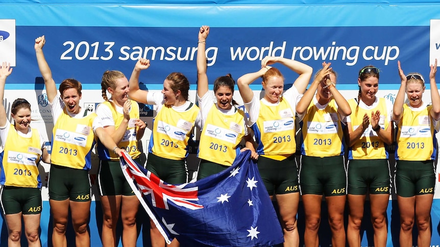 Women's eight crew on cloud nine