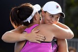 Australia's Casey Dellacqua (L) and Ashleigh Barty (R) celebrate a win at the Australian Open.