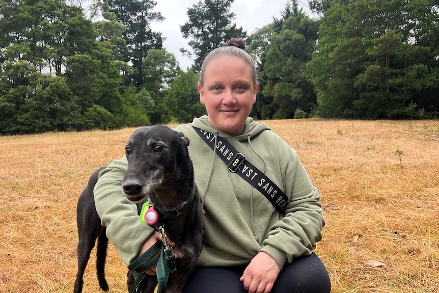 A woman in a field with a greyhound