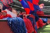 Melbourne AFL fans sit in the stands at the MCG waving flags and floggers during a premiership celebration.
