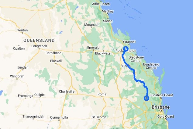 A map showing a regional highway running north and south in Queensland.