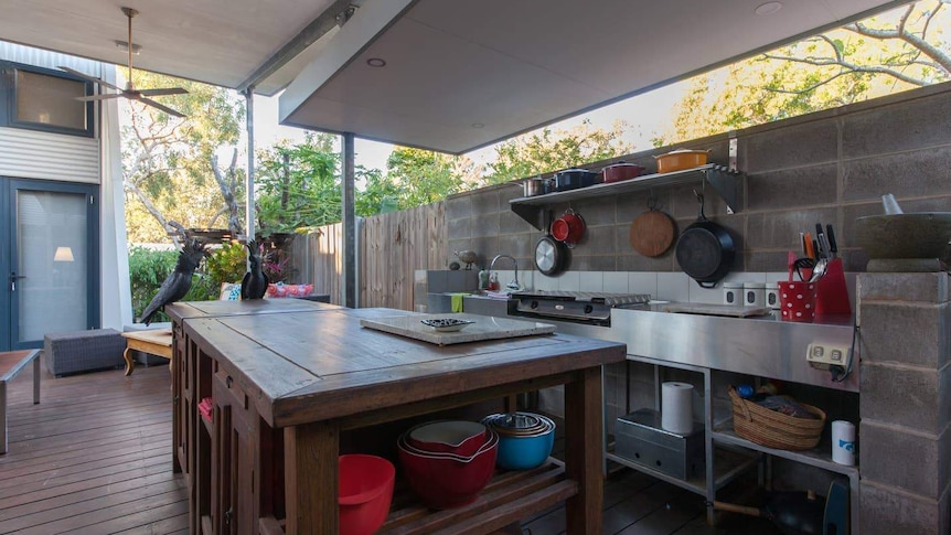An outdoor kitchen in an undercover area at an Airbnb in Broome