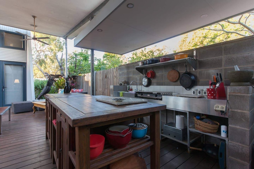 An outdoor kitchen in an undercover area at an Airbnb in Broome