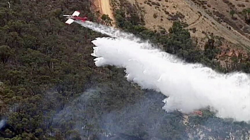 A waterbombing plane battles the Emu Flat fire.
