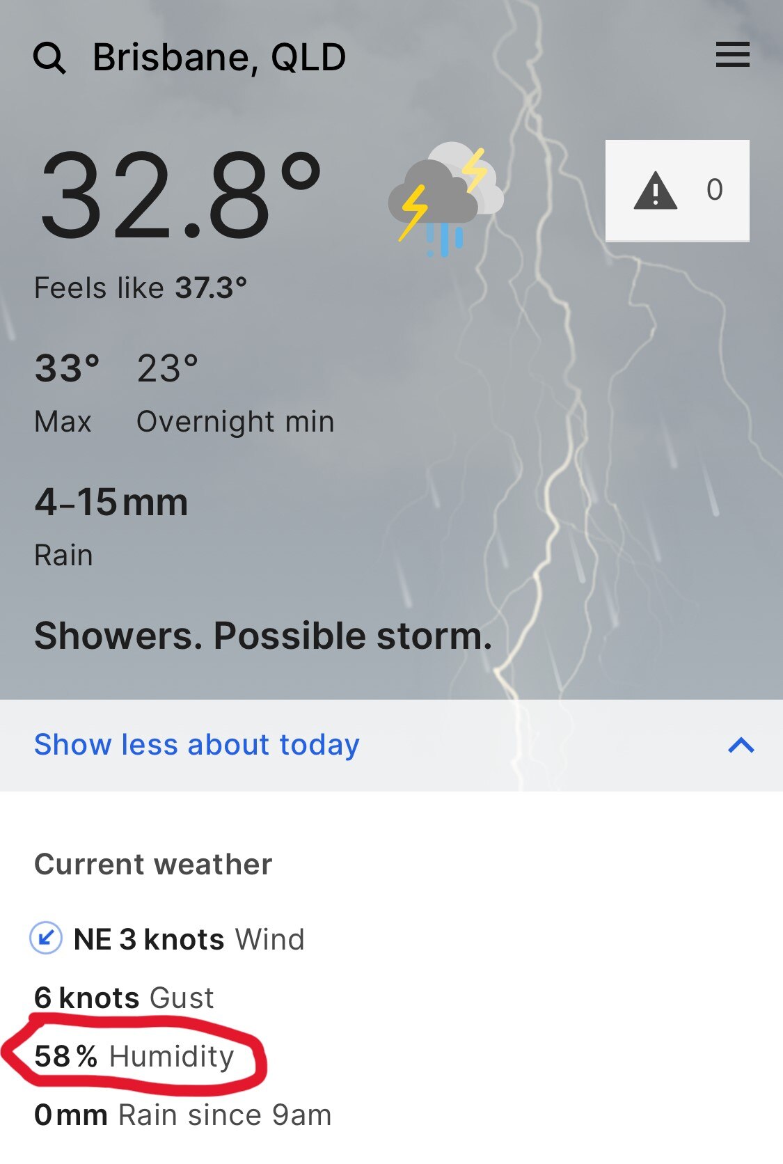 A screenshot of the Bureau of Meteorology app for Brisbane, with a red circle around the humidity reading