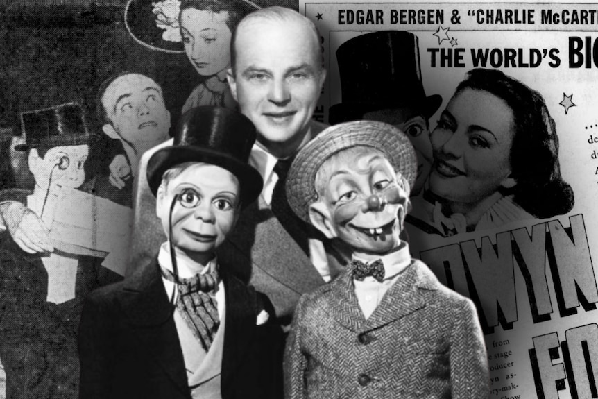 A man holds two ventriloquist dummies overlaid on a composite of old newspaper articles