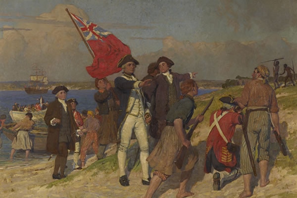A 19th century watercolour painting of Captain Cook landing at Botany Bay