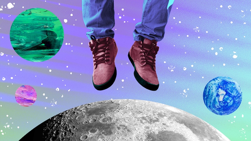 A close-up of a pair of jeans and shoes leaping from the surface of the moon against a panorama of colourful planets