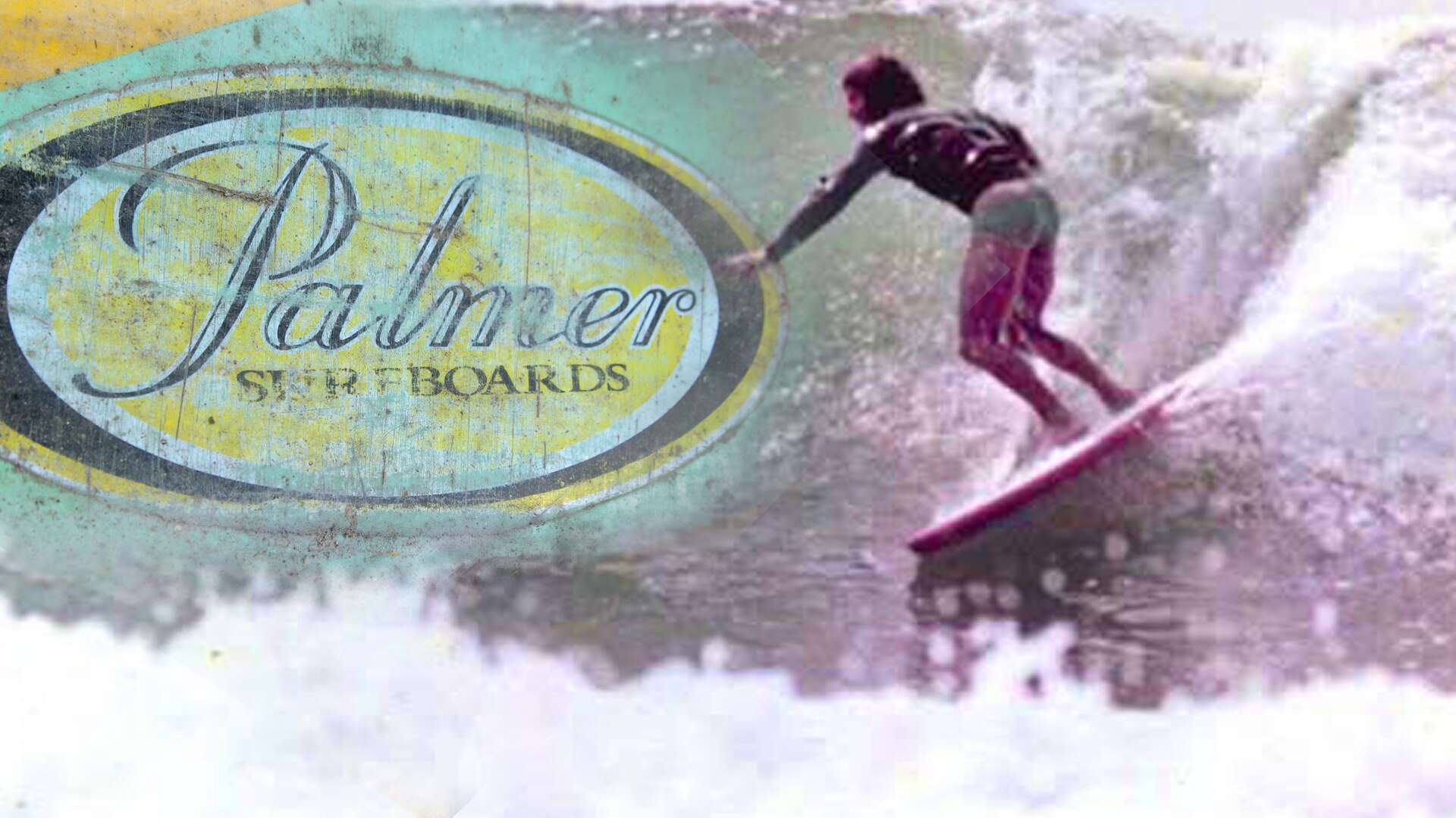 Una foto editada del logotipo de una tabla de surf mezclada con una foto en blanco y negro de un hombre surfeando.