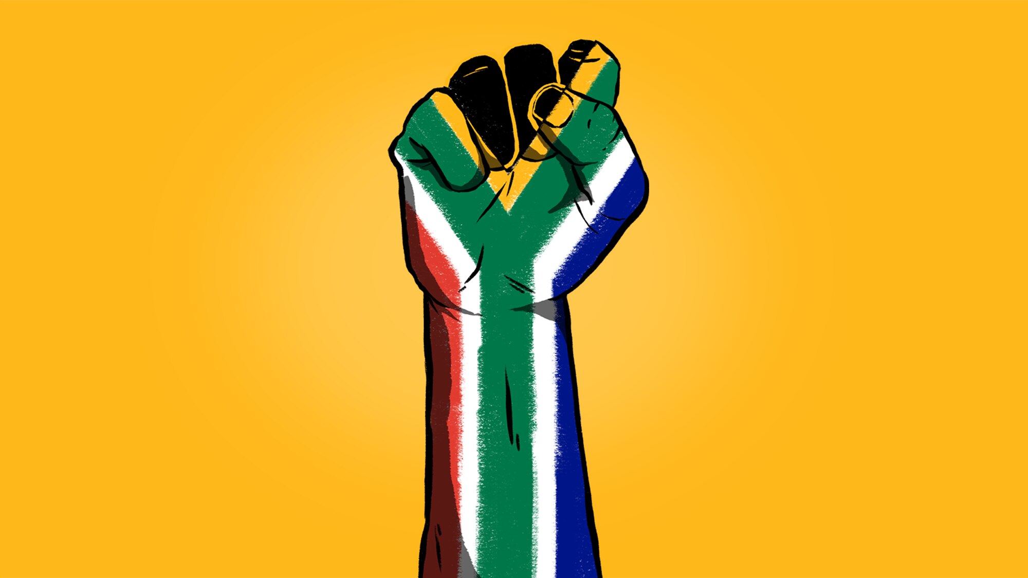 A clenched fist in the colours of red, white, green, yellow and blue on top of a yellow background