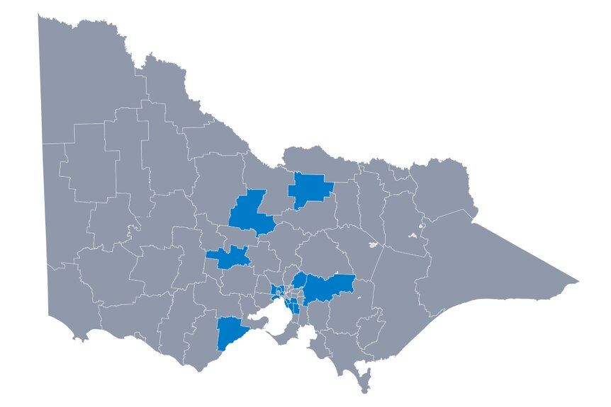 A map of Victoria showing councils with neutral positions on the Voice in grey and those with Yes positions in blue