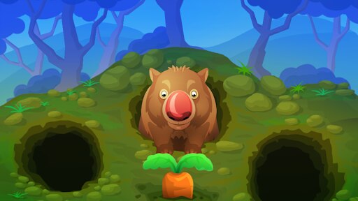 A game screenshot - a wombat is in the middle of three holes on a green hill with a carrot growing in the grass in front of it
