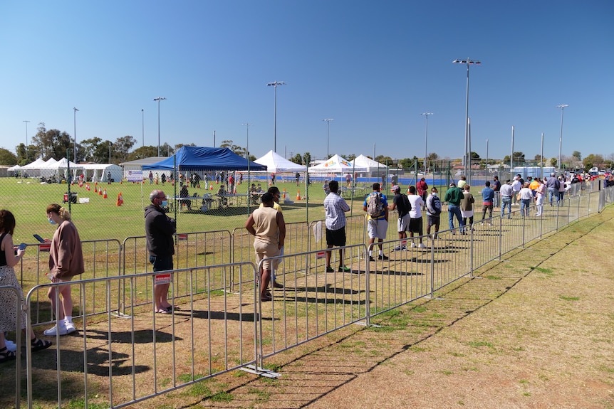 A line of people waiting to enter an enclosure in a park