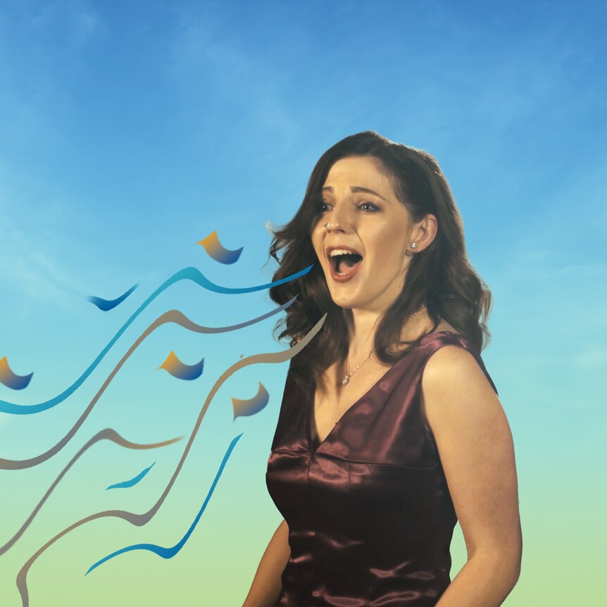 A brunette woman singing in front of a blue sky.