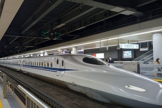 A bullet train at a station in Japan.