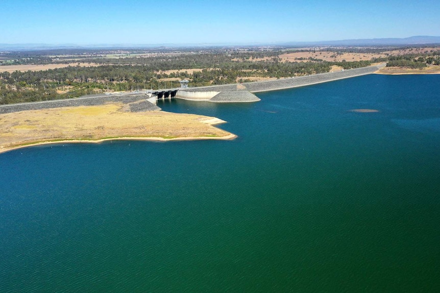 Aerial view of Wivenhoe Dam at a low level