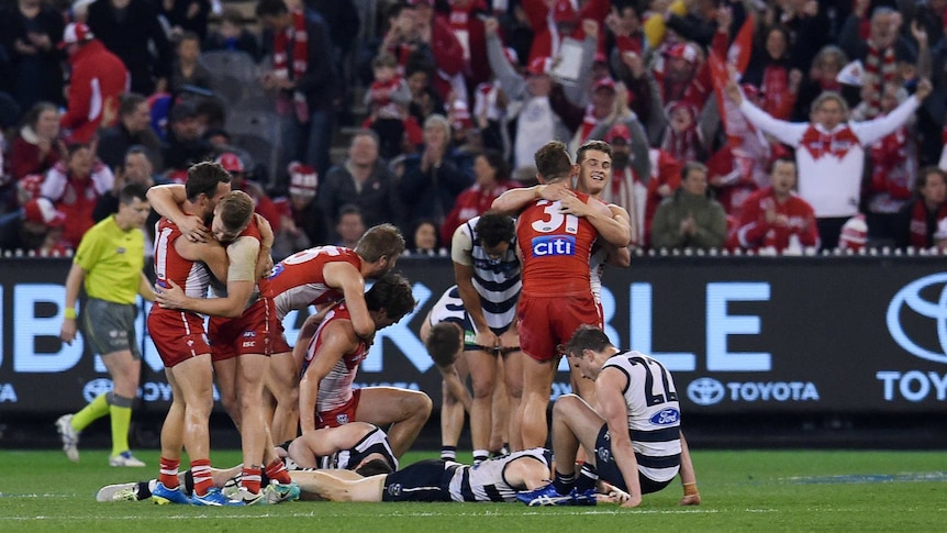 The Swans celebrate their win and the Cats react after their preliminary final in September 2016.