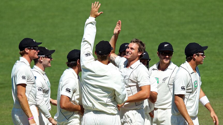 Celebrations: New Zealand notched their biggest ever Test winning margin when they beat Zimbabwe.