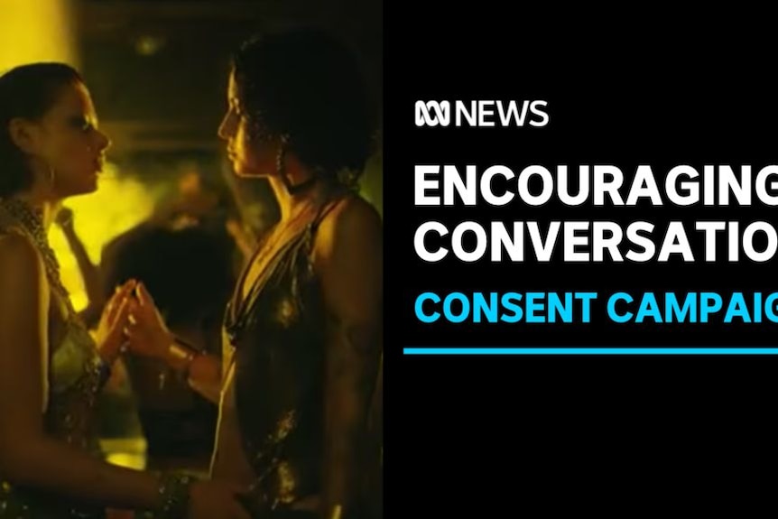 Encouraging Conversation, Consent Campaign: Two women stand face to face in the dark with a yellow glow in the background