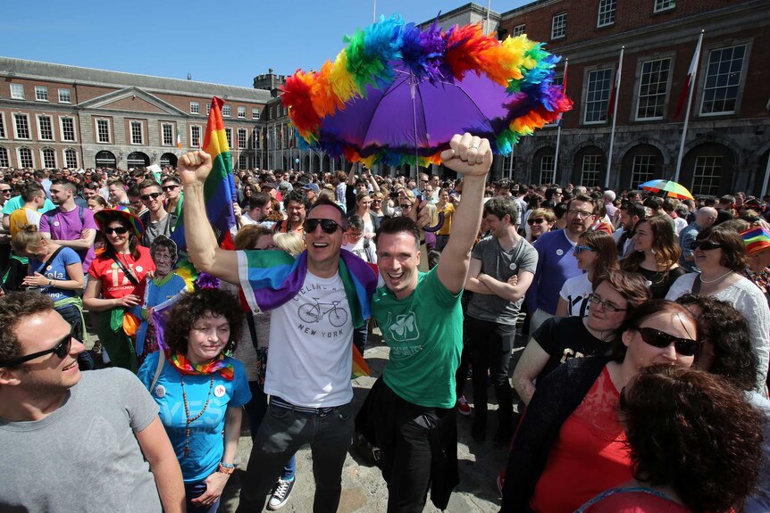 Same-sex marriage supporters celebrate outside Dublin Castle