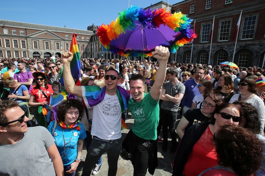 Same-sex marriage supporters celebrate outside Dublin Castle