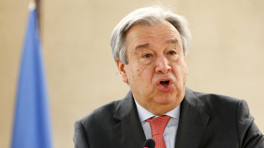 UN secretary-general Antonio Guterres addresses the Human Rights Council in Geneva.