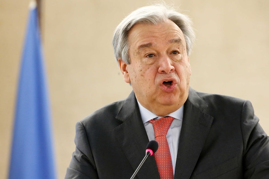 UN secretary-general Antonio Guterres addresses the Human Rights Council in Geneva.
