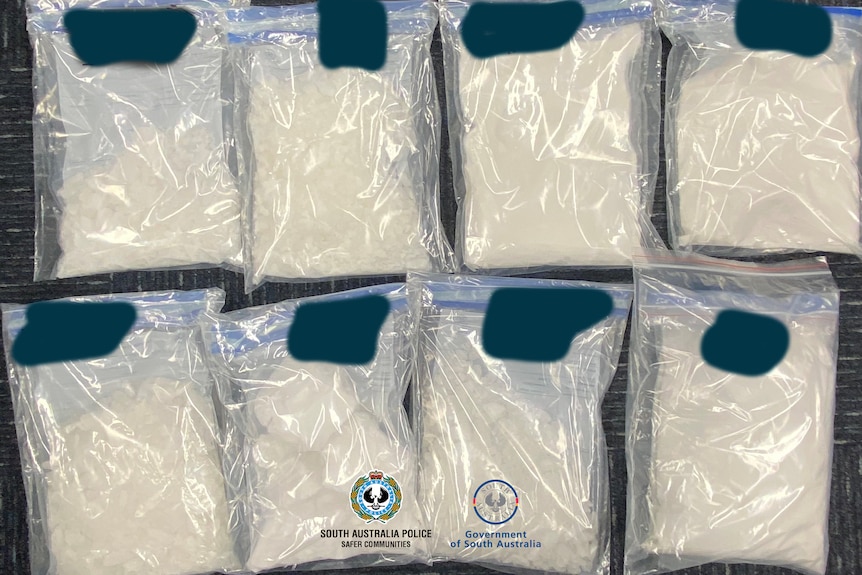 Bags of white substances, illicit drugs.