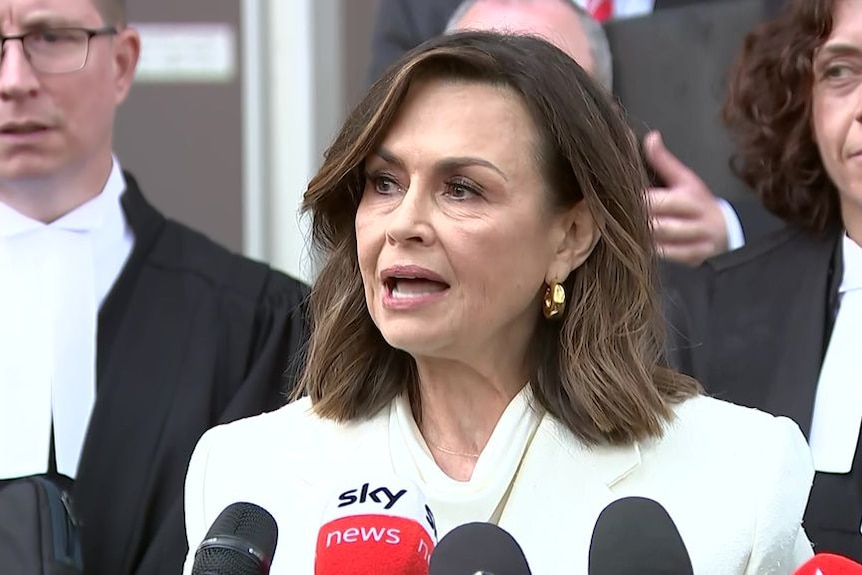 Lisa Wilkinson makes a statement at a media conference with lawyers behind her.