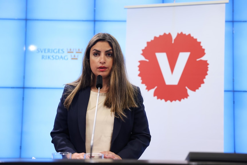 Swedish Left Party leader Nooshi Dadgostar speaks at a press conference after the no-confidence vote