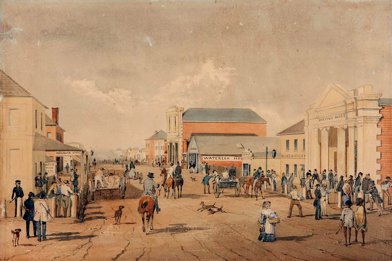 A watercolour painting of a bustling colonial settlement with people, buildings and dirt roads