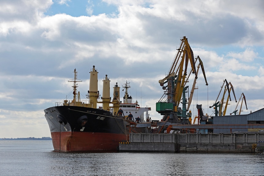 The Rek Noble bulk carrier is moored in port, with cranes visible.
