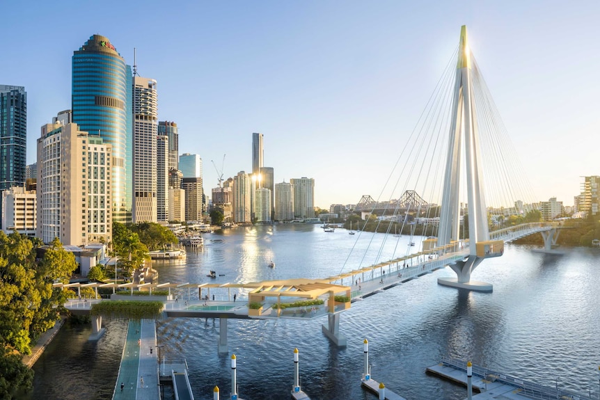 A concept showing a bridge stretching across Brisbane River between the City Botanic Gardens and Kangaroo Point