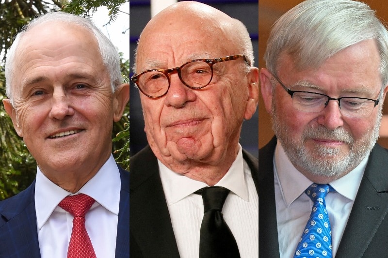 A composite image of Malcolm Turnbull, Rupert Murdoch and Kevin Rudd