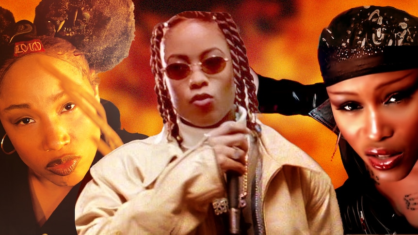 Collage of African-American female rappers The Lady Of Rage, Da Brat, and Eve against a fiery backrdop