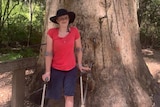 A woman in a red shirt standing in front of a wide karri tree