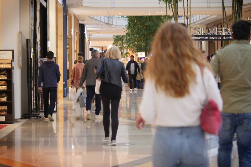 People walk through a busy shopping centre