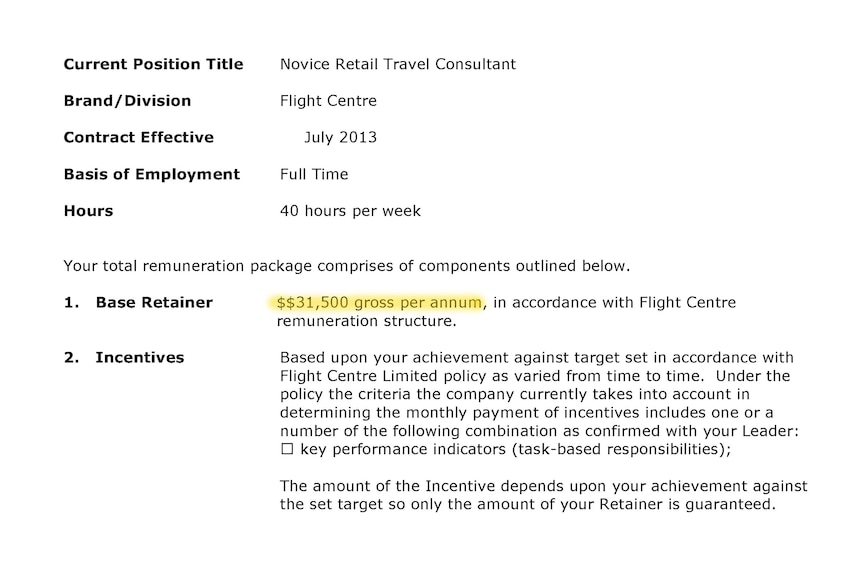 A leaked worker's contract from Flight Centre, where the base retainer wage is listed at $31,500.