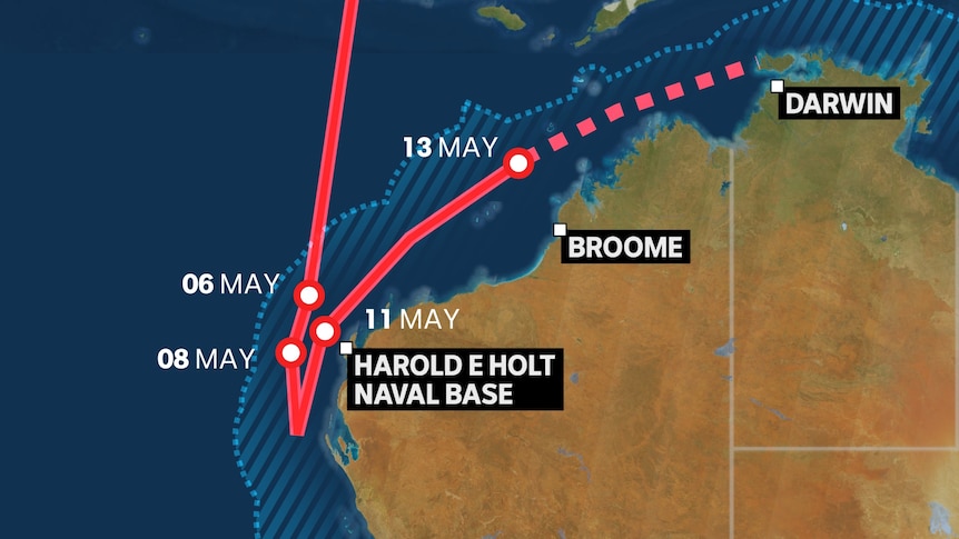 A graphic showing the path of Chinese spy vessel Haiwangxing along the Western Australia coastline.