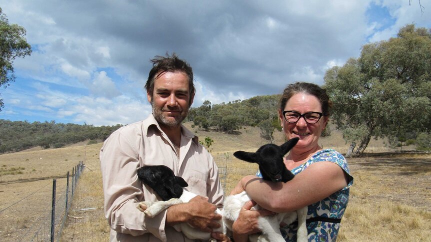 Two farmers hold their baby lambs in their arms on a farm surrounded by trees