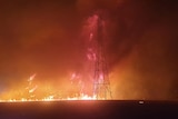 A powerline tower is ablaze with huge flames towering behind it, in a field.